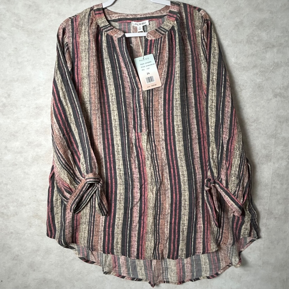 Palm Rio Womens 2X Striped Tunic Top Pink Black Tan Tie Sleeve V-Neck Blouse NEW